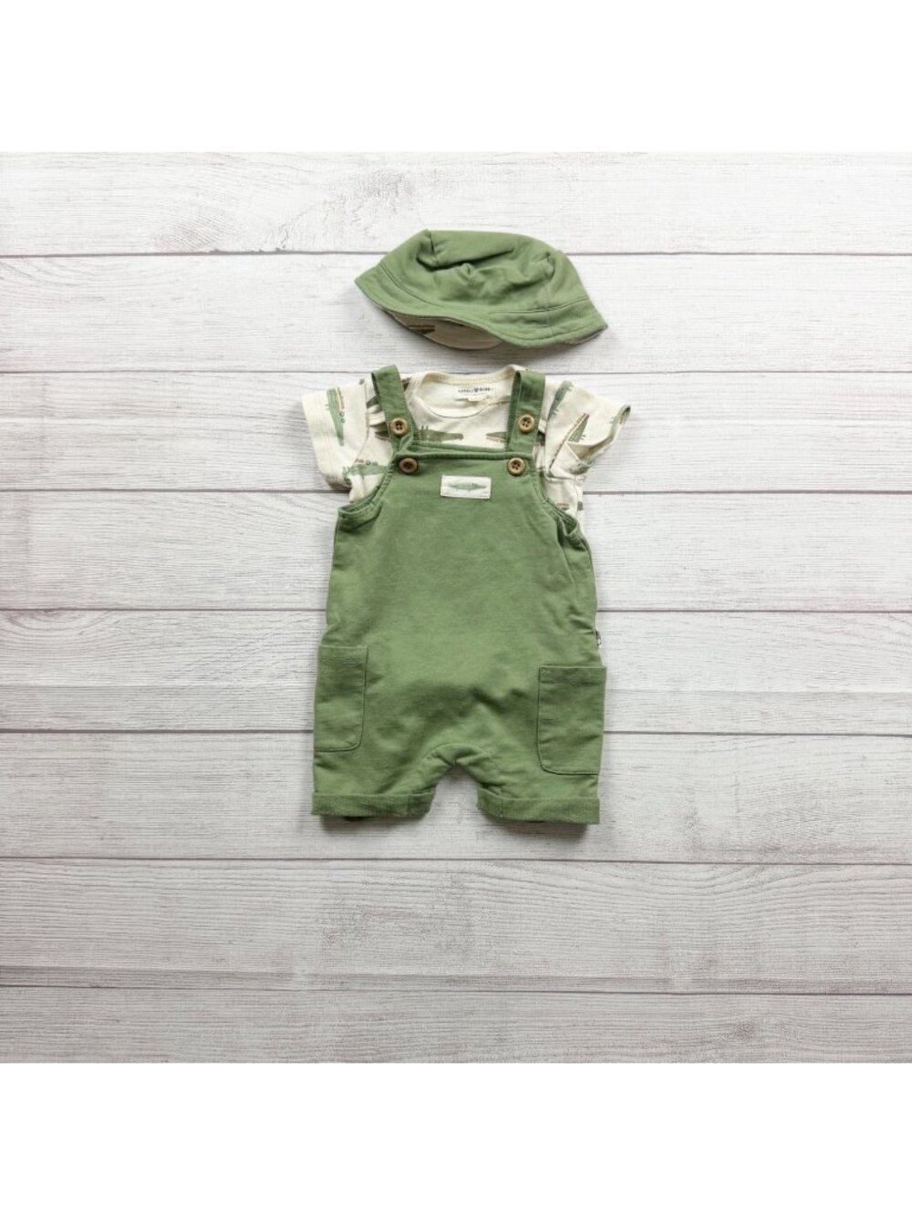 Rabbit + Bear Baby Outfit Alligator Print Bodysuit Green Overalls Hat 3-6 Months